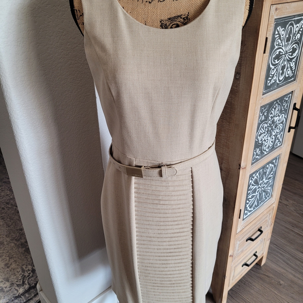 Calvin Klein Cream Sleeveless Midi Sheath Dress with Belt